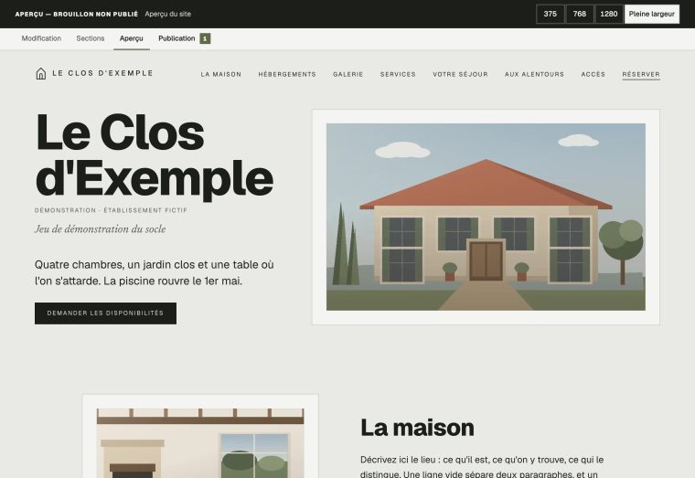 L'écran d'aperçu : le site tel qu'il sera, dans un bandeau qui rappelle que le brouillon n'est pas publié.