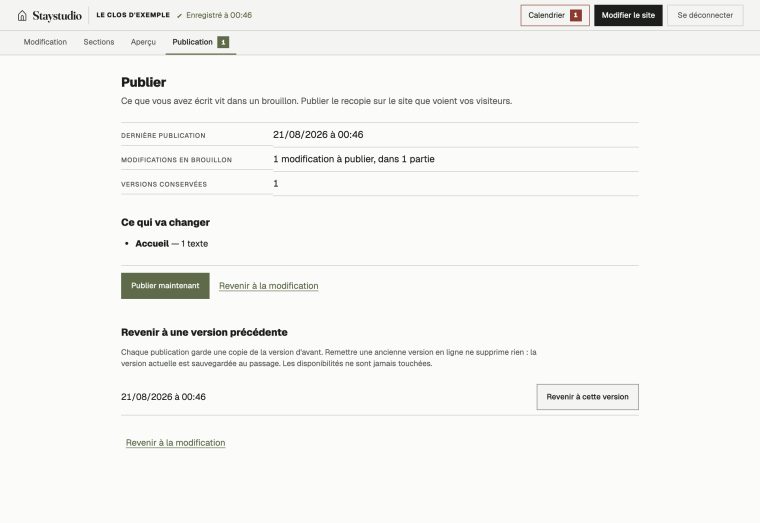 L'écran de publication : ce qui va changer, le bouton publier, et la liste des versions précédentes.