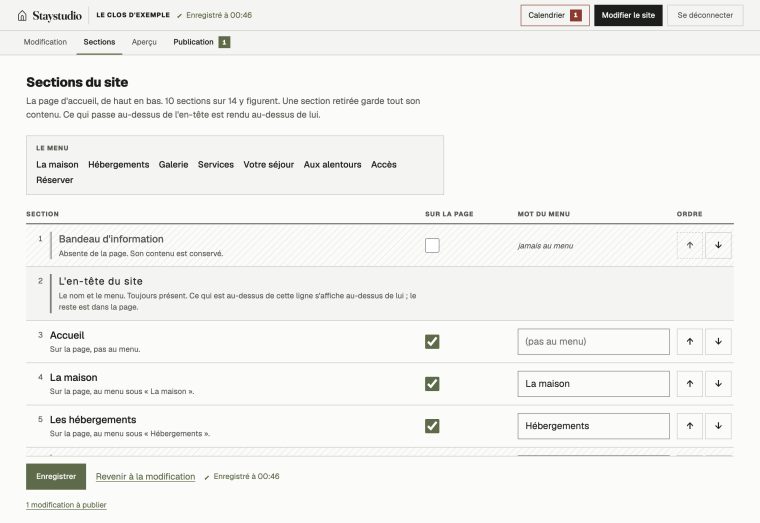 L'écran des sections : chaque partie du site peut être affichée, masquée, renommée dans le menu ou déplacée.