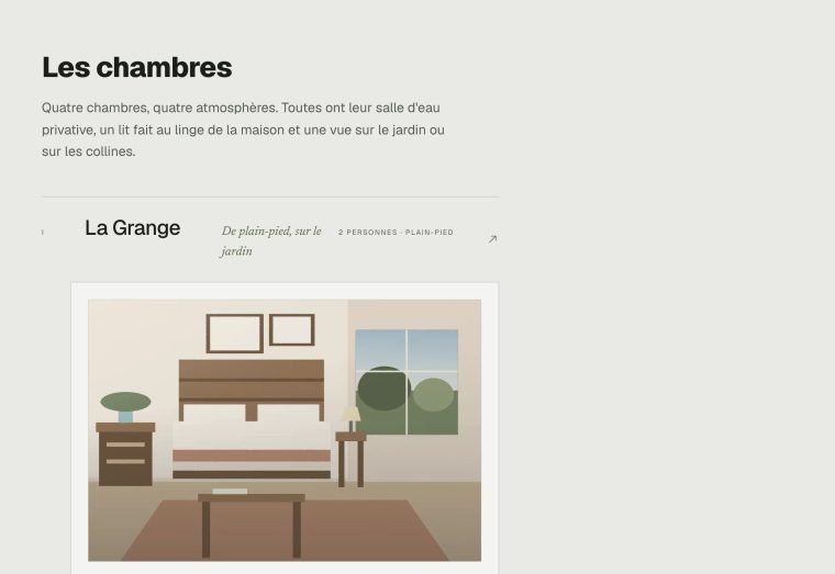 Univers Atelier : la section des chambres, en index typographique.