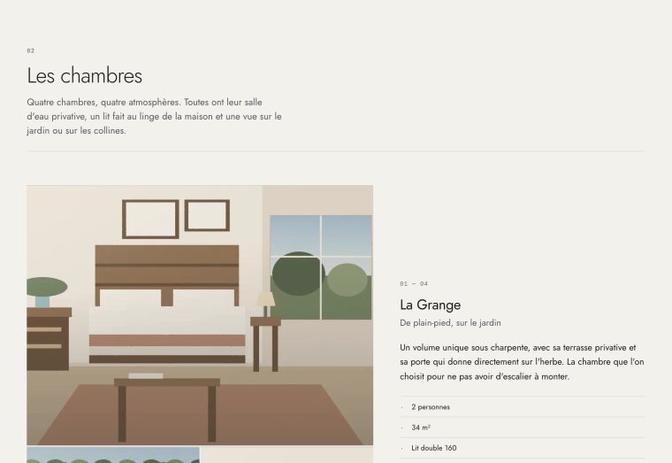 Univers Belvédère : une chambre en rangée pleine largeur, le texte discret à côté.