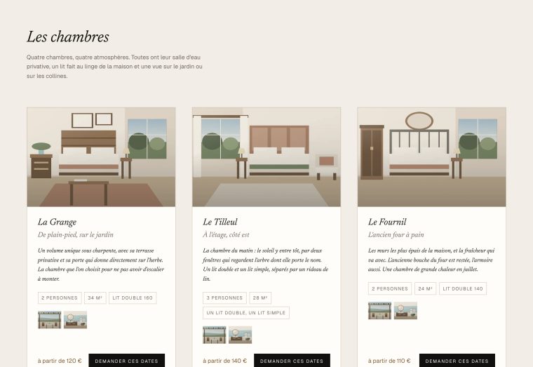 Univers Comptoir : les chambres en fiches tarifées, sur trois colonnes.